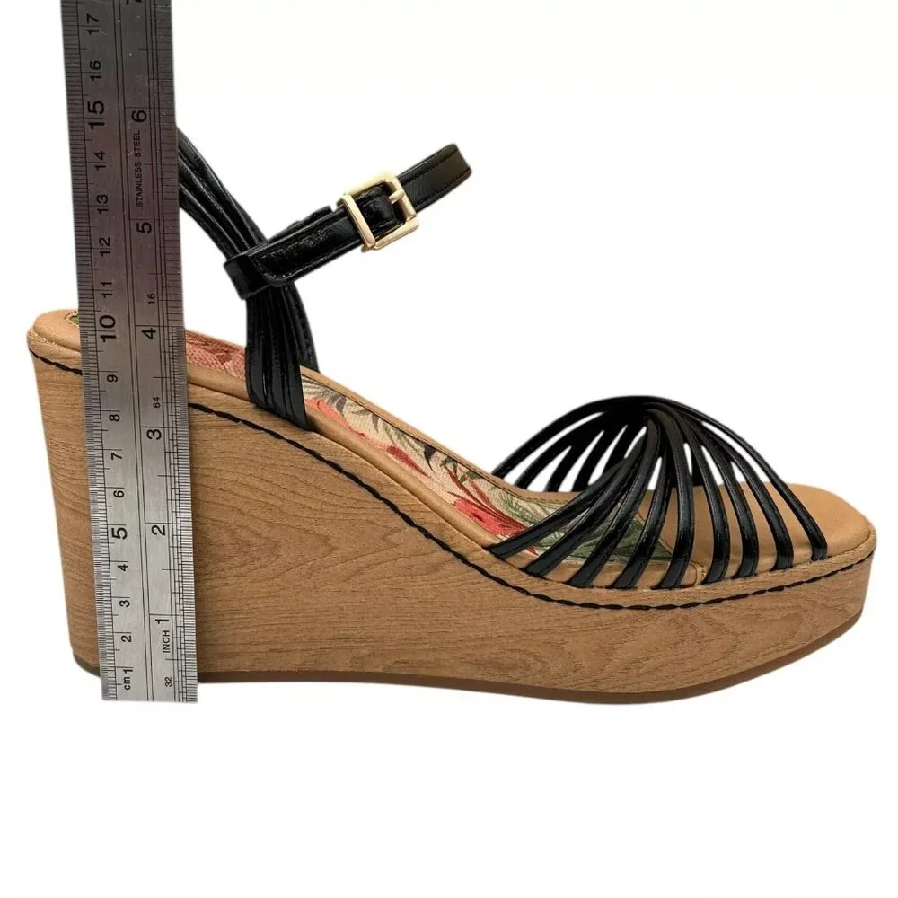 BOC Catalina Women's Platform Wedge Sandal Size 7 Black/Tan Glossy Straps‎ Twist
